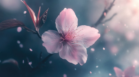 A close-up of a single cherry blossom flower with its soft pink petals and intricate details, set against a blurred background of blooming sakura trees.の素材