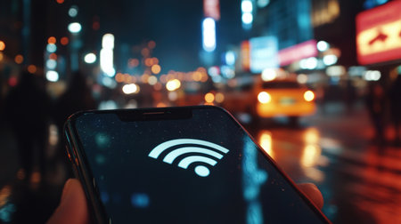 A close-up of a modern smartphone displaying a strong Wi-Fi signal icon, with a blurred background of a bustling cityscape, emphasizing wireless connectivity.の素材