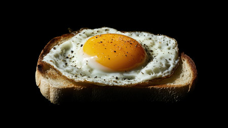A close-up of a fried egg with a runny yolk, served on a slice of toasted bread, highlighting the simple yet satisfying nature of a classic breakfast option.の素材