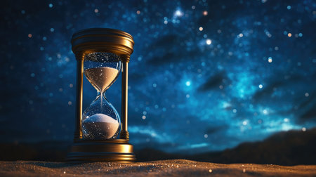 A creative composition featuring an hourglass with a backdrop of a starry night sky, symbolizing the passage of time in a cosmic context.の素材