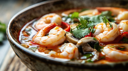 A close-up of a steaming bowl of Tom Yum Goong, with shrimp, mushrooms, and herbs in a flavorful broth, showcasing the vibrant colors and textures of the dish.の素材