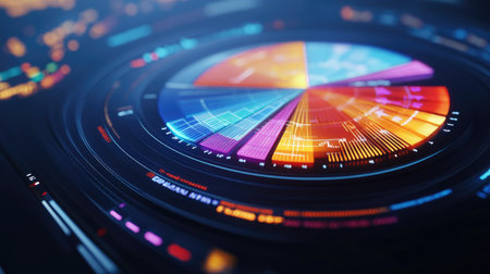 A close-up view of a D pie chart on a computer screen, with interactive segments and detailed data labels showcasing precise information distribution.の素材