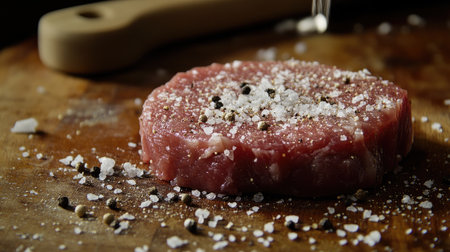 A close-up of a steak being seasoned with coarse salt and cracked black pepper, with a background of a cutting board and kitchen utensils, emphasizing the preparation process.の素材
