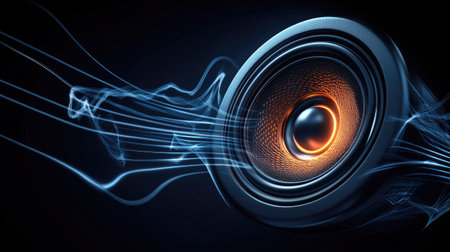 A dynamic image of a car speaker with sound waves or vibrations illustrated around it, conveying the power and clarity of the audio system.の素材