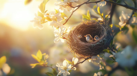 A close-up shot of a nest with tiny birds peeking out, resting on a thick branch of a tree, surrounded by blooming flowers and bright sunlight.の素材