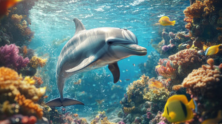 A dolphin interacting with a swimmer in a tropical lagoon, highlighting the bond between humans and marine animals, surrounded by colorful coral reefs and tropical fish.の素材