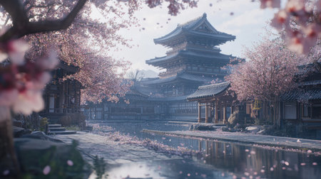 A high-resolution shot of cherry blossoms framed against a traditional Japanese building or temple, combining cultural architecture with the natural beauty of sakura.の素材