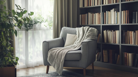 A cozy reading nook in the living room featuring a comfortable armchair, a soft blanket, and a small bookshelf, inviting relaxation and enjoyment of a good book.の素材