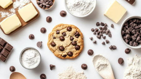 A creative arrangement of cookie ingredients like chocolate chips, flour, and butter, spread out on a white background to showcase the components of baking.の素材
