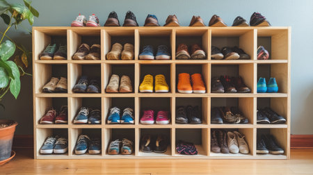 A family-friendly shoe rack filled with various sizes of shoes, from kids' sneakers to adult footwear, showcasing practicality and organization in a busy household.の素材