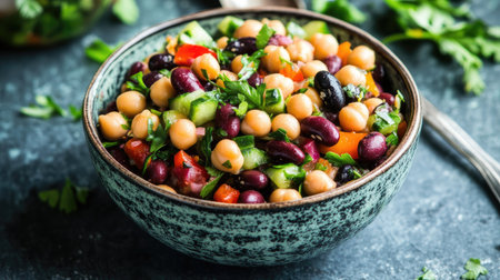 A healthy bean salad with a mix of chickpeas, black beans, and kidney beans, garnished with fresh vegetables and herbs, served in a colorful bowl.の素材