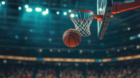 A dynamic shot of a basketball in mid-air, heading towards the hoop with a dramatic background of a basketball court and cheering crowd.の素材