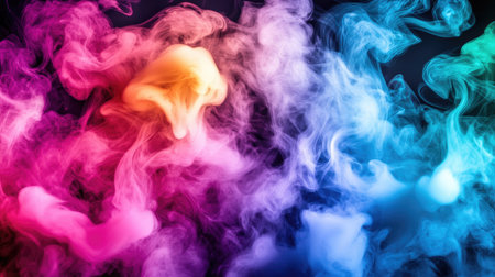 A dramatic image of brightly colored smoke billowing upward, with shades of pink, blue, and purple swirling in a mesmerizing, fluid pattern.の素材