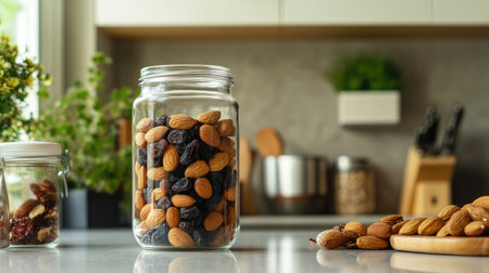 A healthy snack setup with almonds in a glass jar, accompanied by dried fruit and nuts, set against a clean, modern kitchen backdrop.の素材