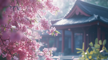 A high-resolution shot of cherry blossoms framed against a traditional Japanese building or temple, combining cultural architecture with the natural beauty of sakura.の素材
