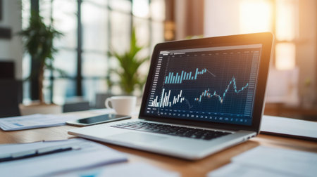 A laptop on a desk with financial graphs and data visualizations on the screen, surrounded by documents and a smartphone. Bright, professional workspace.の素材