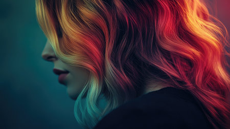 A high-resolution image of a woman with vibrant hair color and an ombr effect, highlighting the gradual transition from dark to light tones.の素材