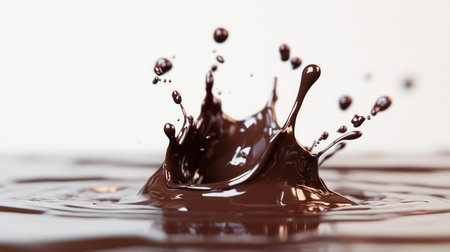 A dramatic shot of a splash of liquid chocolate, with droplets and splatters creating a dynamic and engaging visual effect against a white surface.の素材