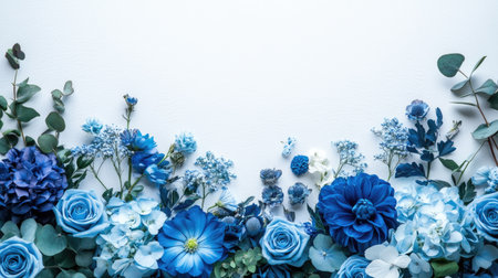 A blue-themed floral arrangement with different shades of blue flowers, creating a harmonious and elegant display with a clean, white background.の素材