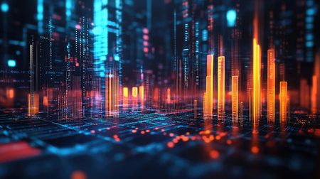 An artistic representation of a D bar chart with glowing bars and dynamic lighting effects, emphasizing the data visualization in a futuristic style.の素材