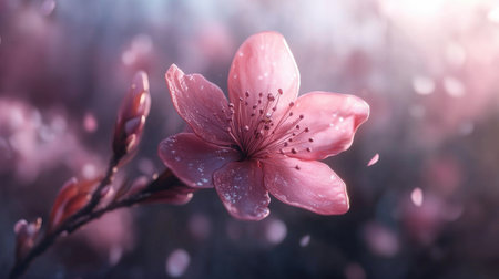A close-up of a single cherry blossom flower with its soft pink petals and intricate details, set against a blurred background of blooming sakura trees.の素材