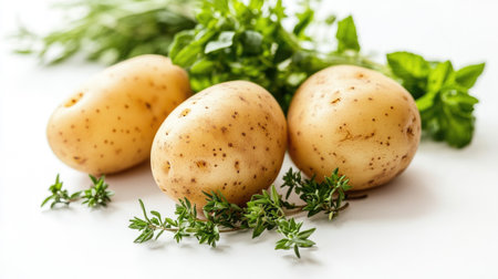 A few sprigs of fresh herbs and a couple of whole potatoes on a white background, suggesting a healthy cooking preparation and adding a touch of green.の素材