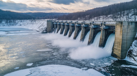 A seasonal shot of a dam in winter, with snow-covered surroundings and ice forming on the reservoir, highlighting the dam's functionality in different weather conditions.の素材
