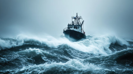A photo of a storm-tossed boat struggling against heavy waves and strong winds at sea, illustrating the challenges and dangers of maritime storms.の素材