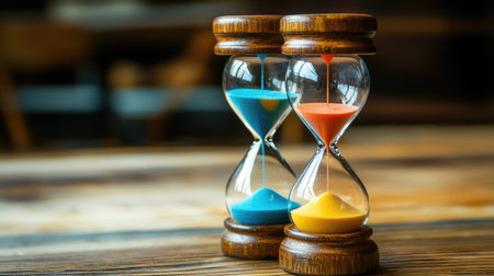 A pair of hourglasses with different colored sands on a vintage wooden desk, creating a visually appealing contrast and suggesting themes of time and balance.の素材