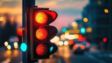 A modern traffic light with LED displays on a busy street, highlighting the advanced technology used in contemporary traffic management systems.の素材