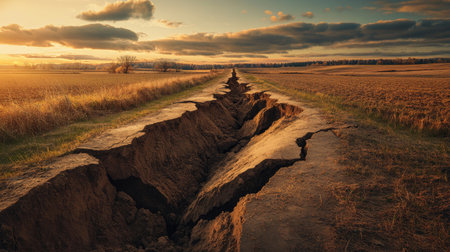 A natural earthquake scene with visible cracks in the Earth's crust, splitting the ground in a rural landscape, showcasing the powerful forces beneath the surface.の素材
