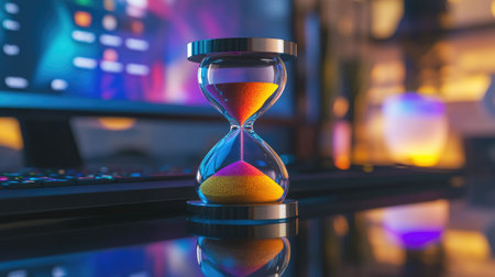 A modern hourglass with colorful sand grains, positioned on a sleek glass desk, with its vibrant colors creating a striking contrast against a minimalist background.の素材