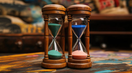 A pair of hourglasses with different colored sands on a vintage wooden desk, creating a visually appealing contrast and suggesting themes of time and balance.の素材