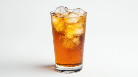 A refreshing glass of iced milk tea with condensation on the outside, placed on a white background, highlighting the chilled and refreshing nature of the drink.の素材