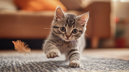A playful kitten chasing a feather toy across a living room, with its paws outstretched and eyes focused, capturing the energy and curiosity of feline play.の素材