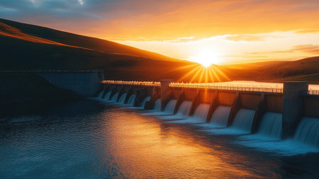 A scenic image of a dam during sunset, with warm light illuminating the structure and casting long shadows over the water, creating a serene and dramatic effect.の素材