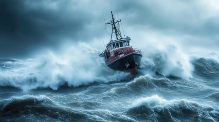 A photo of a storm-tossed boat struggling against heavy waves and strong winds at sea, illustrating the challenges and dangers of maritime storms.の素材