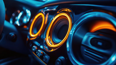A shot of a car's audio system with illuminated speaker components, highlighting the modern design and ambient lighting effects in the vehicle's interior.の素材