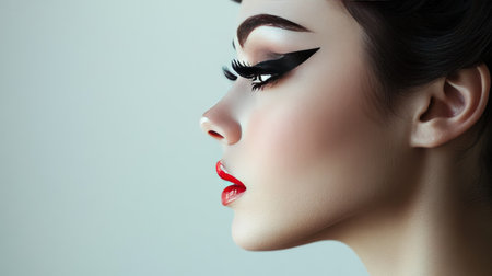A side profile of a woman with intricate makeup, including detailed eyeliner and false lashes, showing the artistry and precision of her beauty routine.の素材