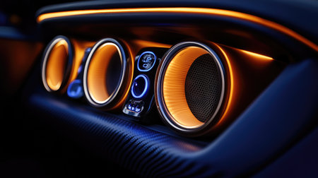 A shot of a car's audio system with illuminated speaker components, highlighting the modern design and ambient lighting effects in the vehicle's interior.の素材