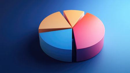 A side view of a D pie chart with segment rotation and a gradient color scheme, illustrating data proportions in a visually engaging manner.の素材