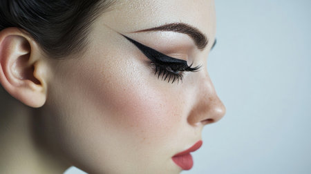 A side profile of a woman with intricate makeup, including detailed eyeliner and false lashes, showing the artistry and precision of her beauty routine.の素材