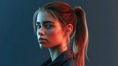 A stylish woman with a high ponytail, with hair pulled back tightly and secured with a sleek hair tie, emphasizing a sporty or sophisticated look.の素材