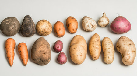 A variety of potato types, such as russet, red, and sweet potatoes, displayed together on a white background, showing the diversity in shape and color.の素材