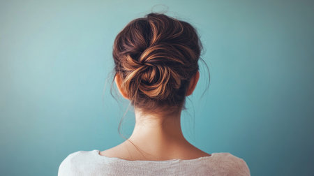A top-down view of a woman with a messy, textured bun, creating a casual and effortless hairstyle, with loose strands adding to the relaxed vibe.の素材