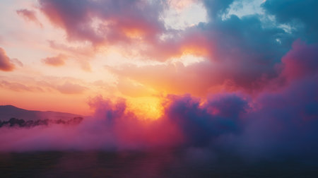 A wide shot of vibrant smoke drifting across an open landscape at sunset, with the colors blending with the natural light and creating a stunning visual effect.の素材