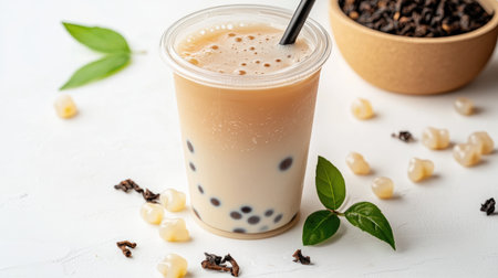 A transparent cup of milk tea with a lid and straw, surrounded by scattered tapioca pearls and tea leaves on a white surface, showcasing its ingredients.の素材