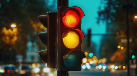 A traffic light on a pole with a clear view of the surrounding road signs and street, showing its role in overall traffic regulation and safety.の素材