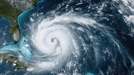 A view of a hurricane approaching the coast, with swirling cloud formations and heavy rain bands visible from a satellite perspective, emphasizing the storm's scale.の素材