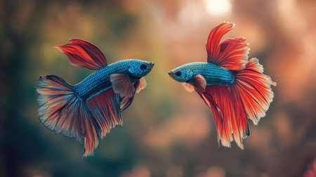 Two male Betta fish engaging in a friendly competition, showcasing their striking colors and elaborate fin displays, emphasizing the natural behaviors of these fascinating creatures.の素材